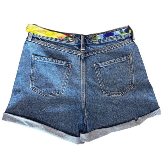 Sample One Of A Kind Embroidered Denim Shorts Grommet Scarf Belt 14” Waist New - Picture 7 of 10